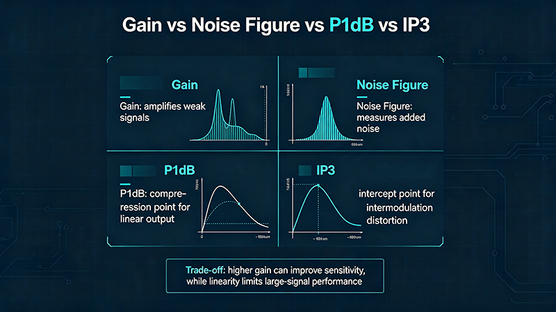 Gain vs Noise Figure vs P1dB vs IP3