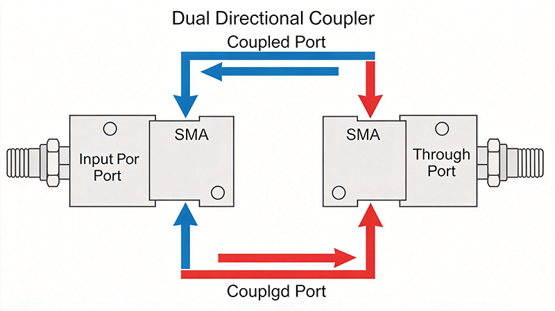 Four-port dual directional coupler module showing input, through, forward coupled and reverse coupled ports