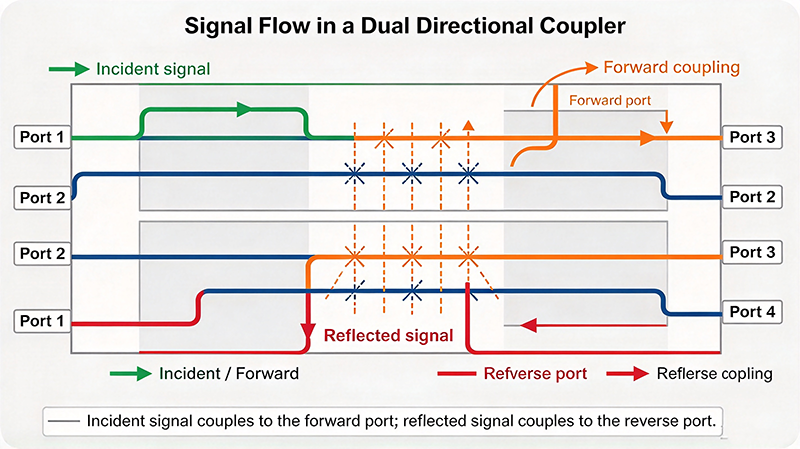 Signal flow diagram showing forward and reverse coupling paths with coupling factor and directivity labeled